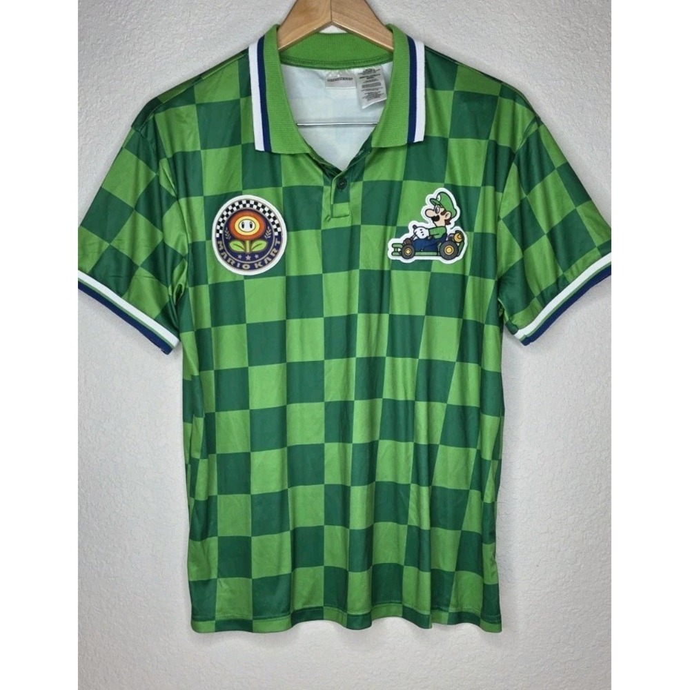 Mario Kart Polo Golf Shirt Sz S Checkered Nintendo Licensed Race Jersey Green